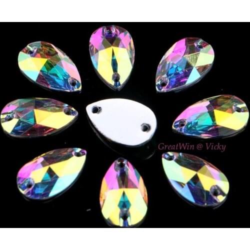 Sew On Resin Rhinestones Teardrop Shape Three Size Crystal AB / Transparent AB Color With Two Holes Flatback Stones