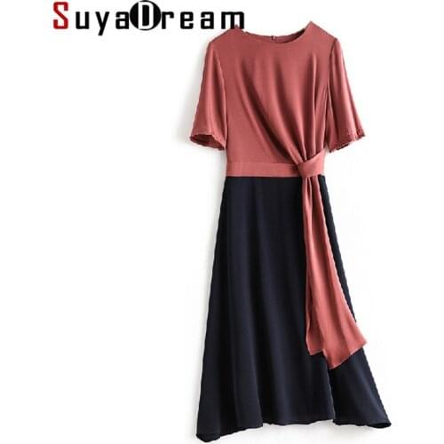 SuyaDream Woman Midi Dress Silk Double Joe O Neck Short Sleeves Waist Tie Red Dresses 2021 Spring Summer OL Dress