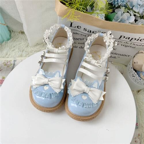 Apanzu Blue Lolita Shoes Sweet Bow Buckle Strap Mary Jane Shoes Woman Solid Color Patchwork Lace Flat platform Cosplay Shoes
