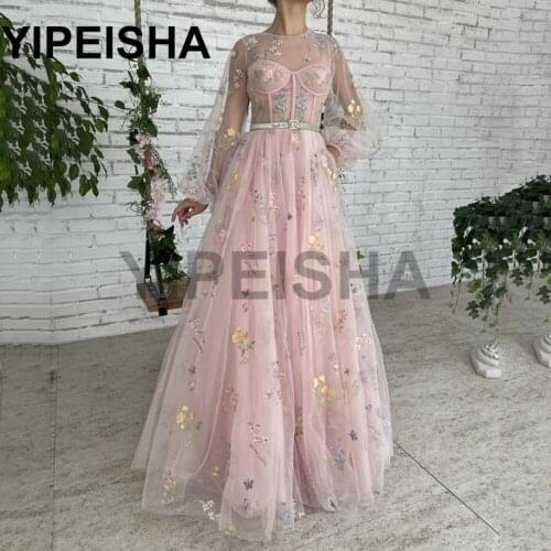 O-Neck Long Sleeve A-Line Flowers Tulle Evening Dresses See-Through Floor-Length Prom Party Gown vestidos de fiesta платье
