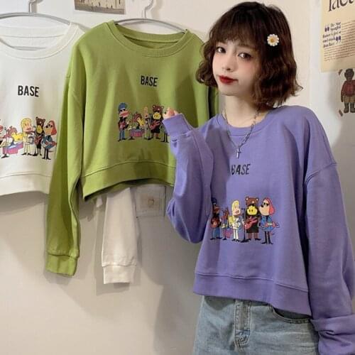 Spring fall 2020 harajuku purple cute crop top long sleeve crewneck sweatshirt teens girls oversized cropped hoodie women C173