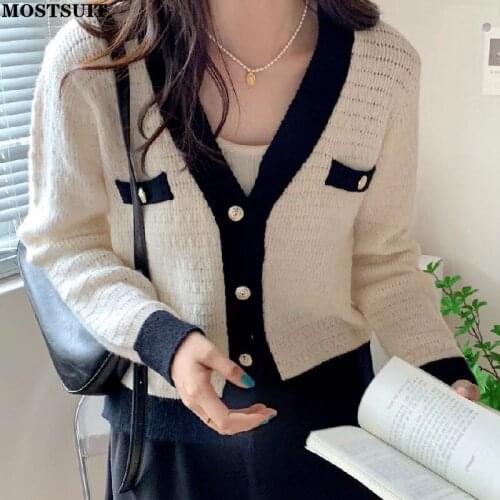 Vintage Elegant Women Cardigan Sweater Full Sleeve V-neck Single-breasted Tops Color-blocked Chic Ladies Jumpers Knitwear 2021