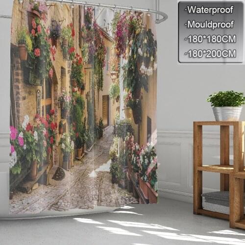 1Pcs Brand New Waterproof Shower Curtain Natural Scene 3D Digital Old Street Flower Printing Polyester Home Bathroom Decoration