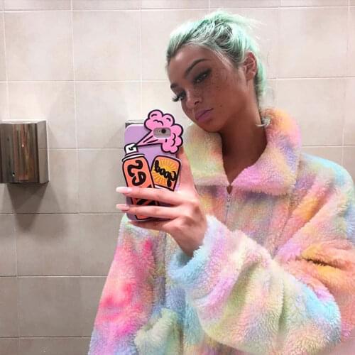 2020 Winter Womens Tie Dye Cashmere Coat Casual Lapel Fur Lamb Plush Clouds Color Pocket Jacket Teddy Loose Overcoat Outwear