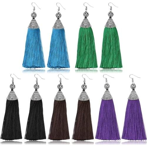 1Pair Bohemian Tassel Crystal Long Drop Earrings for Women Red Cotton Fabric Fringe Earrings Fashion Woman Jewelry