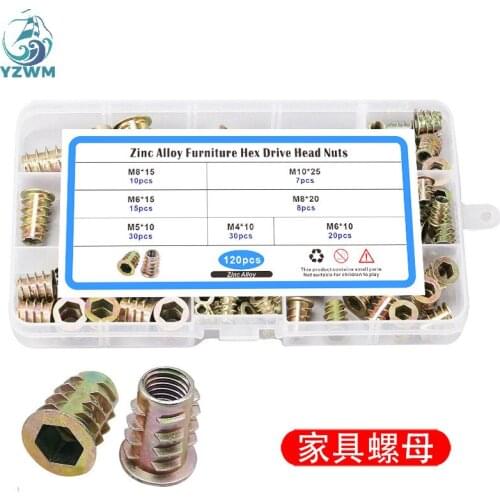 120pcs Box Furniture Nut M4-m10color Zinc Plating Inner and Outer Teeth Combination T-shaped Intermetallic T-shaped Embedded Nut