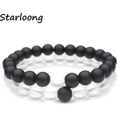 2Pcs/Set Couples Distance Strand Bracelet 8mm Natural Stone Matte Clear Quartz Onyx Stone Bracelets for Men Women Best Friend