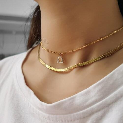 2pcs/set Zodiac Sign CZ Charm Pendant Choker Necklace for Women Stainless Steel Satellite Snake Chain Jewelry Gift LDN223DN275