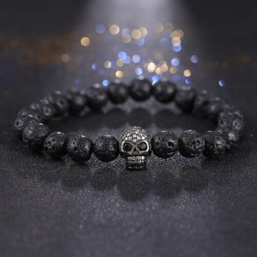 2021 Classic Retro Skull Head Mens Bracelet Pavé Zircon 8mm Natural Lava Stone Stranded Wire Bracelet Mens Jewelry Gift