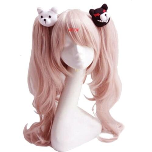 Dangan Ronpa Danganronpa Enoshima Junko Cosplay Wig Pink Long Wavy with Ponytail Clip Heat Resistant Wig Bear Hairpins Costume