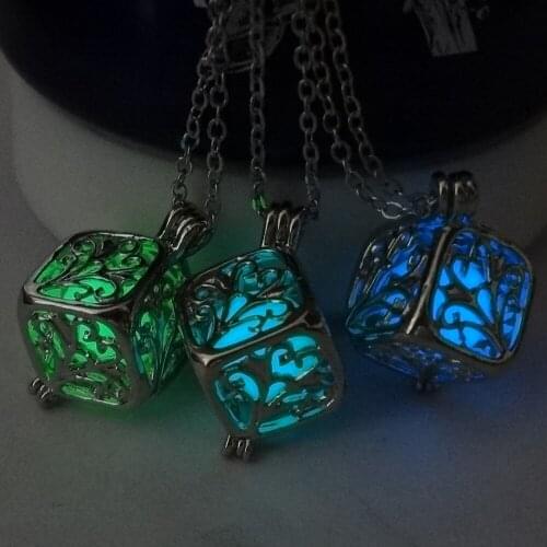 BOTU 2021 Creative Cube Hollow Tree of Life Square Luminous Pendant Necklace Rubiks Cube Luminous Jewelry for Women Daily Wear