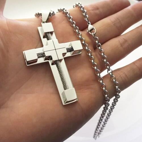 Silver Large Fashion Stainless Steel Cool Wire Cross Pendant Necklace Rolo Chain 4mm 24 inch Father Gifts.Husband Gifts
