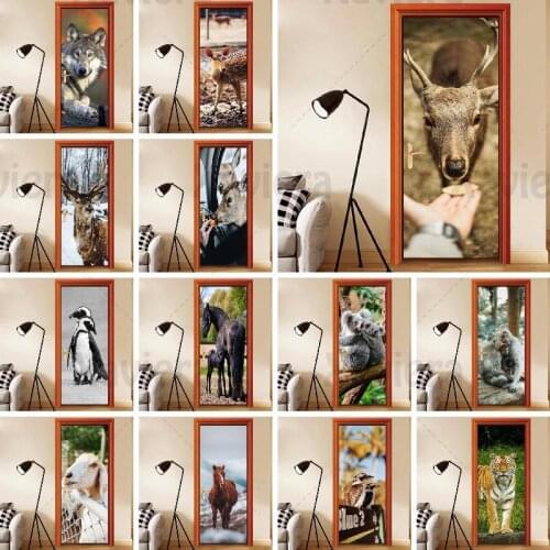 Animal Door Stickers Home Decoration Realistic Photography Photo Wall Decals Self-Adhesive Pvc Removable Poster Door Wallpaper