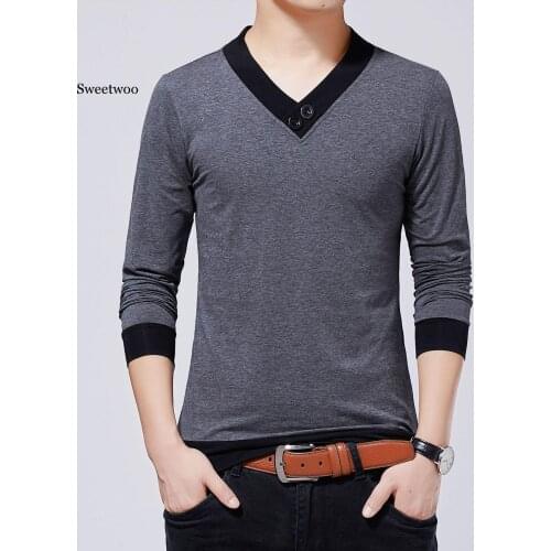 Autumn 2020 Fashion T-shirt Men Cotton Comfortable Long Sleeved V-neck Button Collar Solid Black T-shirt for Man
