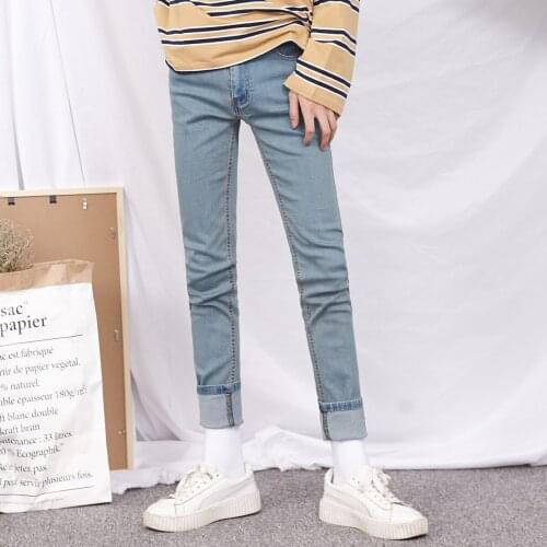 Korean Spring Autumn Men Jeans Trousers Slim Fit Teen Nostalgia Blue Denim Pants Casual Tapered Stretch Male Vintage Jeans Men