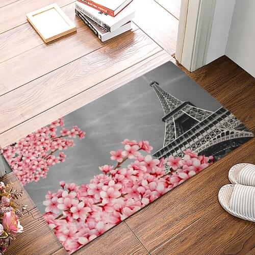 Cherry Blossom Paris Tower Anti-Slip Doormat Bedroom Kitchen Mat Bathroom Rug Home Doormat for Entrance Door