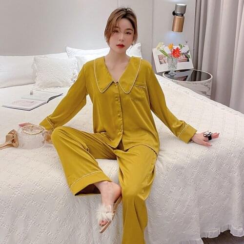 Ice Silk Pajamas Womens Spring And Autumn Silk Long Sleeve Two Piece Suit Cardigan French Collar Elegant Sleepwear