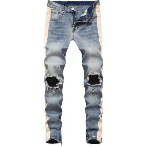 New Mens Male Lines Stripe Big Holes Ripped Jeans Streetwear Zipper Slim Skinny Stretch Denim Pencil Pants Trousers Blue Black