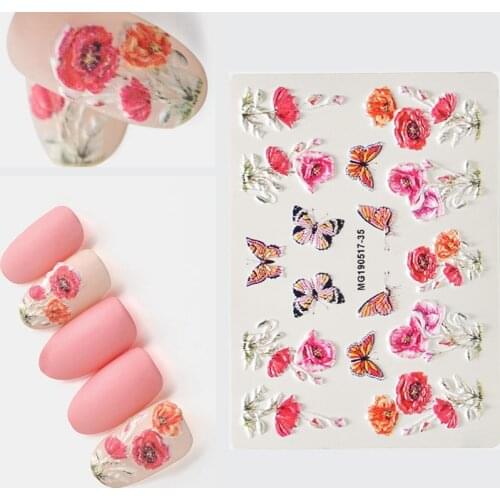 3D Acrylic Engraved flower Nail Sticker flower dragonfly leaves Water Decals Empaistic Nail Water Slide Decals Z0135