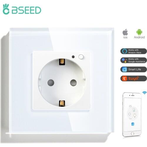 BSEED Wifi Wall Socket Europe Standard Single Crystal Glass Panel Electrical Outlet 3 Colors White Black Golden Work With Tuya