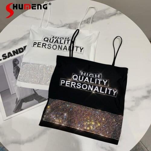 2021 Summer New Letters Party Rhinestone Hot Drilling Tank Top Mercerized Cotton Sexy Breathable Chest Pad Vest Camisole