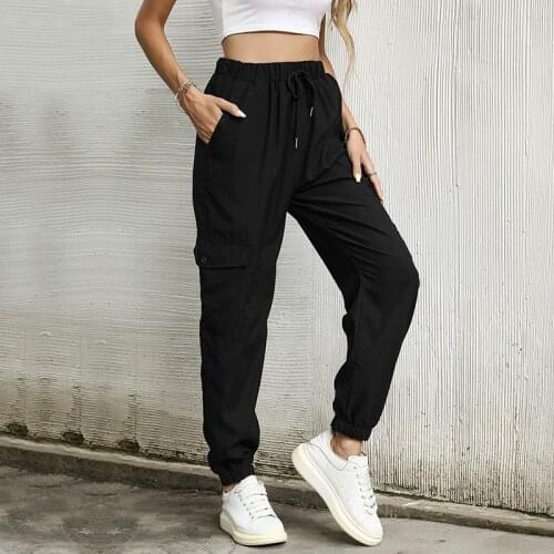 Solid Colors Casual Women Pencil Pants Spring Autumn Fashion Black Drawstring Pocket Commute Trousers All-Match Straight Pants