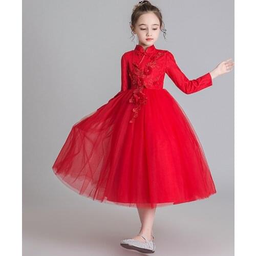 Long Sleeve Applique Princess Dress Beading Mesh Tutu Wedding Dress Girl Party Dress Birthday Evening Dress Girl Kids Costumes