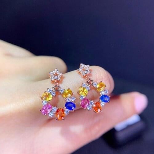 Natural Multicolor sapphire drop earrings S925 silver natural gemstone earrings women Luxurious stars Flower woman party jewelry