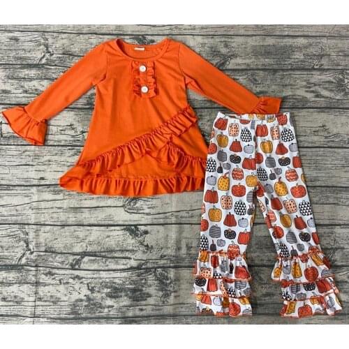 RTS wholesale Cute Little Toddler Girls Ruffles Tops Orange Pumpkin Outfits Boutique Kids Clothing-Sets