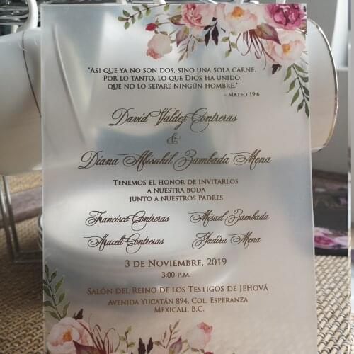 2018 free design custom colorful printing acrylic card wedding invitation card,flower frosted acrylic card with gold printing