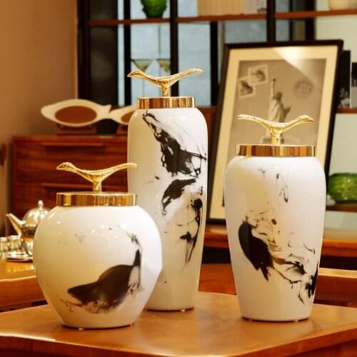 Modern Chinese Style Vase Ceramics Golden with Cover Crafts Decoration Creativity Living Room Flower Arrangement Accessories