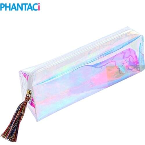 Bright Laser School Pencil Cases Colorful Laser Transparent Cosmetic Makeup Bag Pouch Cute Girls Pencil Cases High Capacity