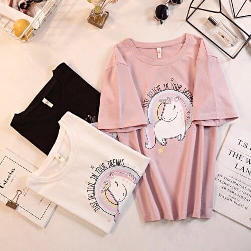 T-shirts for women summer 95% Cotton t shirts unicorn print cartoon tops female casual tees ladies loose t-shirt 2019