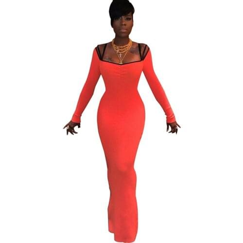 Autumn Winter Sexy Bodycon Maxi Dress Women Square Collar Long Sleeve Bandage Dress Elegant Slim Evening Club Party Long Dresses