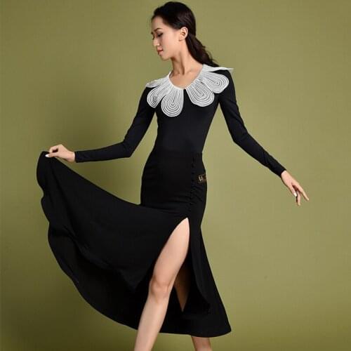 Latin Dance Dress Ladies Black Long Sleeve Bodysuit Split Skirt Women Tango Cha Cha Rumba Samba Salsa Dancing Costumes DNV12436