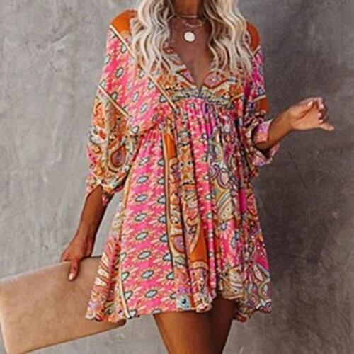 Deep V Neck Mini Dress Pleated Hem Women 3/4 Sleeve Print A-Line Tunic Flying Sleeve Dress Streetwear Dresses for Women 2021