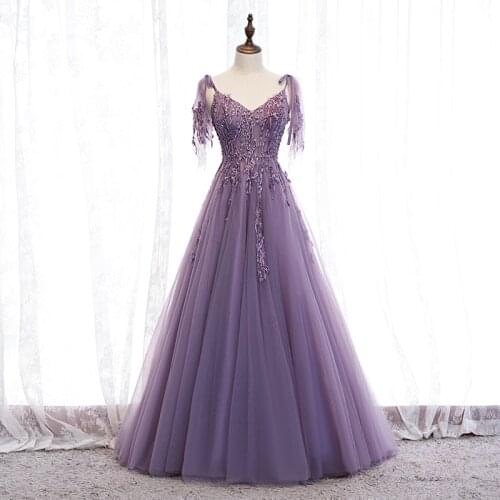 Bespoke Occasion Dresses V-Neck Sleeveless Embroidery Beading Spaghetti Strap Lace Tulle Purple Women Formal Evening Gown HB213