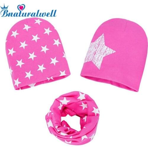 Bnaturalwell Baby Cotton Stars Hat Kids Boys Girls 2 Pcs Caps + 1 Pcs Scarf Warp Set Child Spring Winter beanies Knit Hat H111D