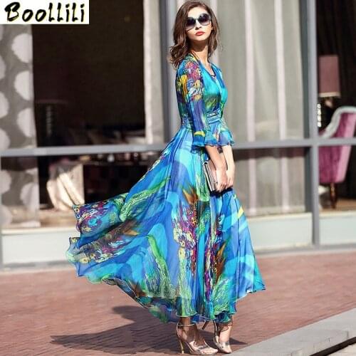 Boollili 2020 Spring Summer Beach Bohemian Dress Women Print Silk Dress Fashion Long Dresses Maxi Elegant Boho Vestido Floral