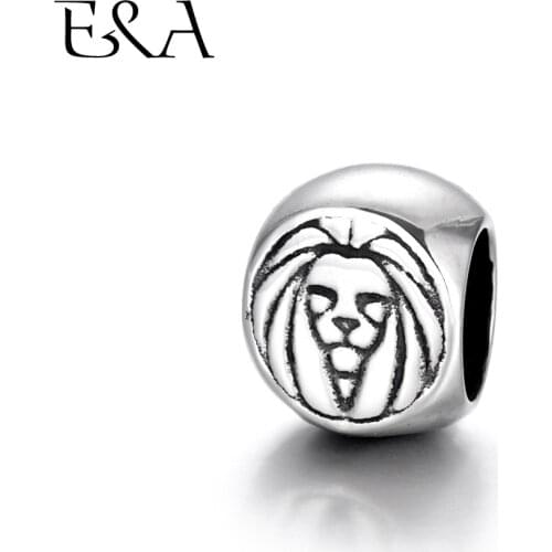 Stainless Steel Beads Large Hole 6mm Flat Round with Lion Charms Slider for Leather Cord Bracelet DIY Jewelry Making Supplies