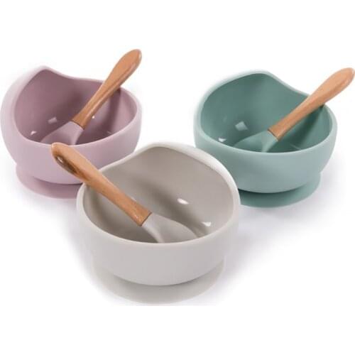 Baby Silicone Suction Bowl Spoon Set Wood Non-toxic Soft Color Infant Feeding Eating Dining BPAFree Accessory Nursery Toddlers
