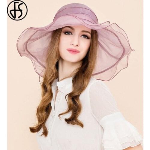 FS Sumer Hat For Women 2021 Kentucky Derby Black Organza Hats Ladies Tea Party Wedding Large Wide Brim Fascinator Vintage Fedora