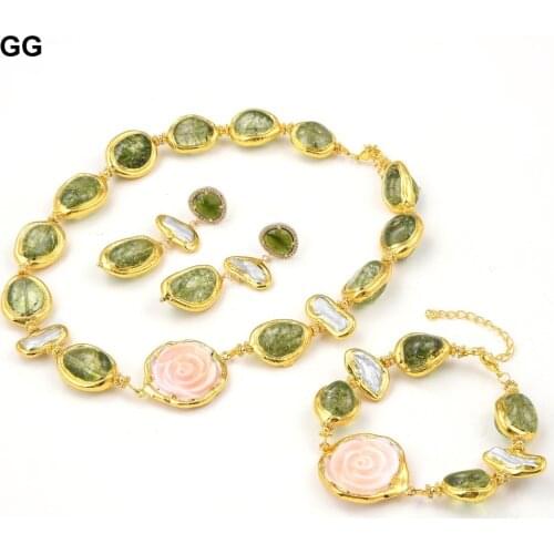 GG Jewelry Natural White Keshi Pearl Pink Queen Conch Flower Green Murano Glass Necklace Bracelet Earrings Sets For Women