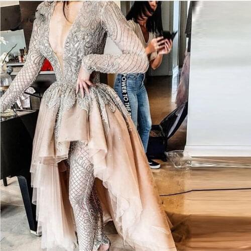 Jumpsuit Evening Dress Full Sleeves Sexy See Through Pants abiye 2020 Asymmetrical Evening Party Dresses Vestido De Festa Longo