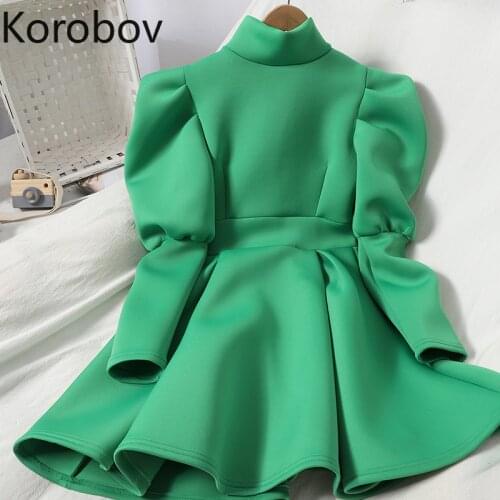 Korobov 2020 New Women Dress Korean Stand Collar Puff Long Sleeve Feamle Dresses Vintage Office Lady Zipper A-Line Vestidos