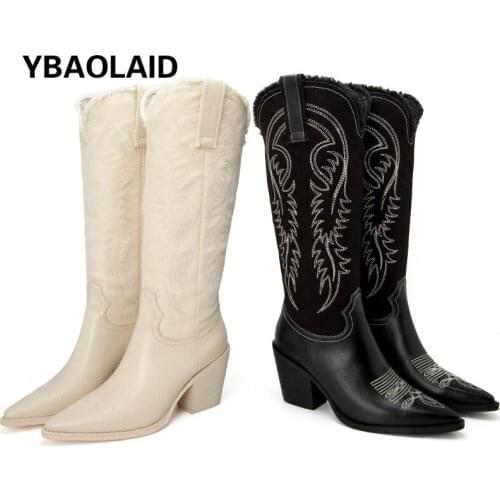 Embroidered Cowboy Boots Autumn and Winter New Retro Cowhide Pointed Toe Long Tube Knee-length Thick High-heeled Rider Boots