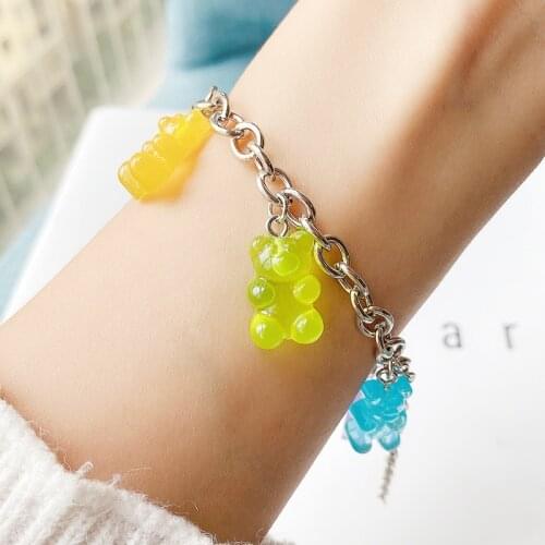 Creative Cute Mini Gummy Bear Bracelet Candy Minimalist Drop Cartoon Design Women Fine Jewelry Girls Resin Jelly Bear Necklace