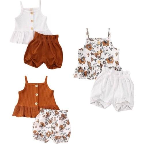 Fashion Baby Summer Clothing 2Pcs Set Kids Baby Girl Clothes Sleeveless Vest Tops Dress Flower Shorts Pants Ribbed Outfit 1-5T