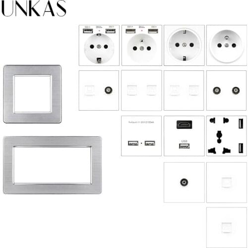 UNKAS DIY Matching Modules B8 Stainless Steel Panel Free Combination French EU Socket Dual USB 5 Hole Universal 86 146mm Outlet