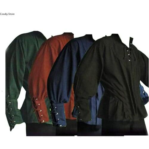 Men Medieval Costume Shirt Grooms Pirate Reenactment Larp Knights Renaissance Bandage Tops Long Sleeves For Adult Men Plus Size